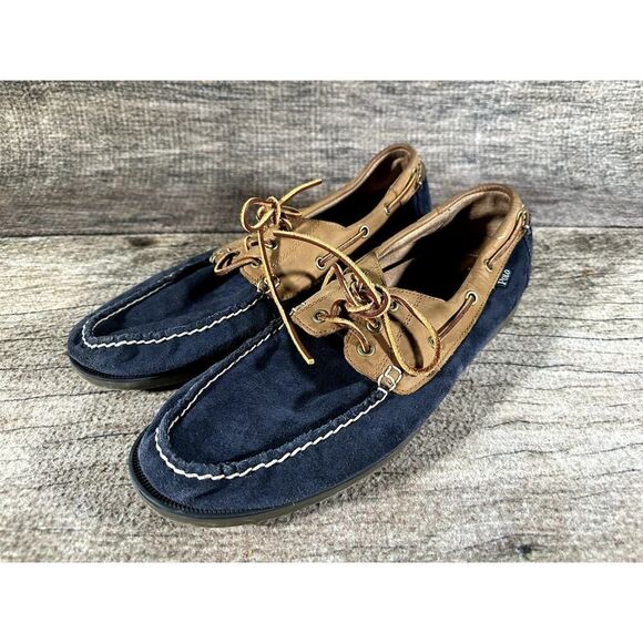 Polo Ralph Lauren Bienne Boat Shoe Suede Navy Blue Tan Men's Sz 13 D - Picture 1 of 10